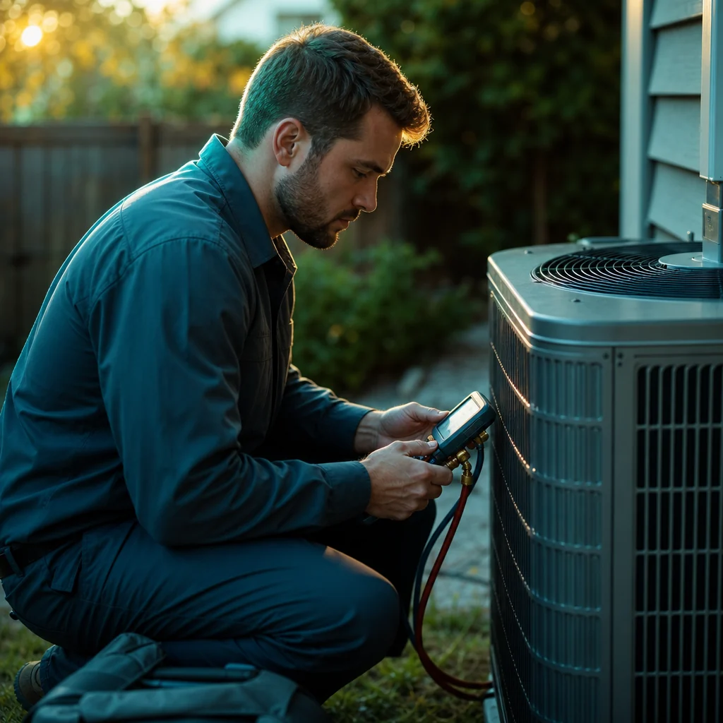 A Northwind technician servicing an outdoor AC condenser at golden hour